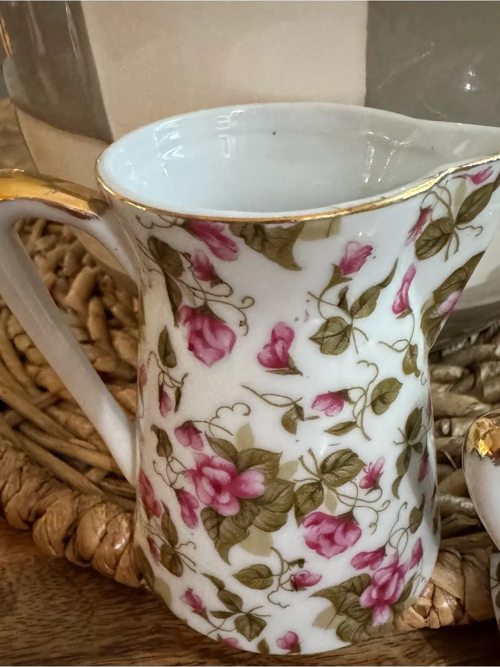 Lefton Rose Chintz Porcelain Sugar Bowl & Creamer Set with Gold Trim